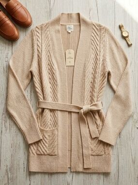 Effeci Women’s Cream Cable-Knit Belted Cardigan Sweater Sz XL